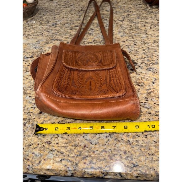 Vintage Handcrafted Congac Tooled Leather Shoulder Bag Floral Design Hippie - Picture 5 of 14